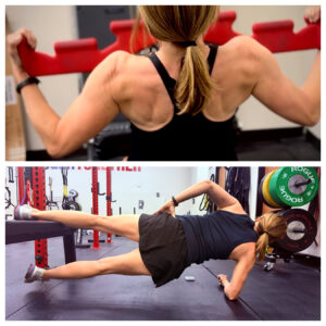 Woman performing pulldown and Copenhagen Plank