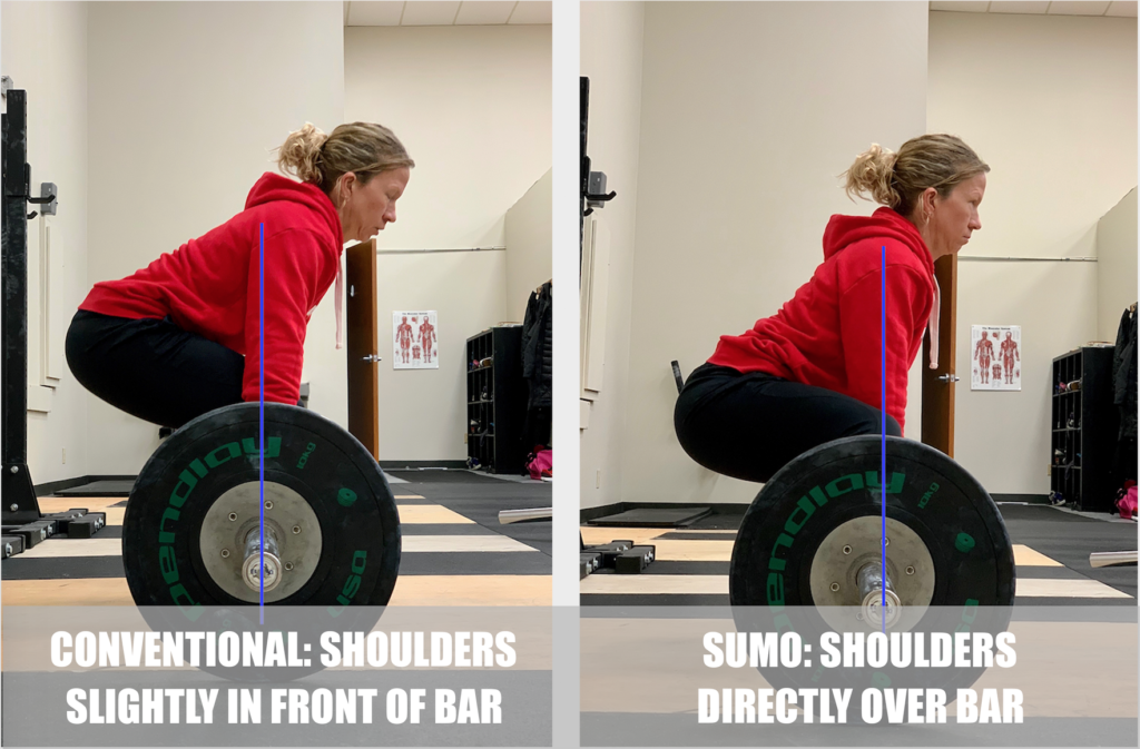 Female demonstrating sumo vs conventional deadlift start position comparison