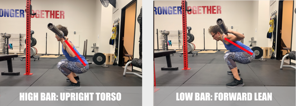 Side by side comparison of torso angle during both low bar and high bar squats